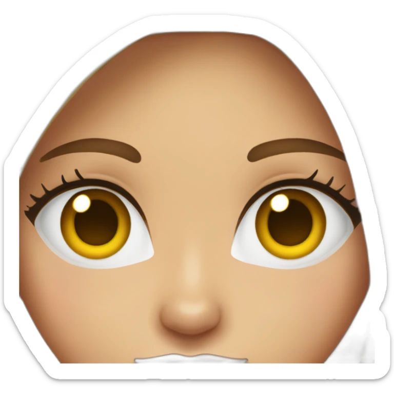 young woman with long brown hair, blue almond-shaped eyes, thin eyebrows and earring sticker