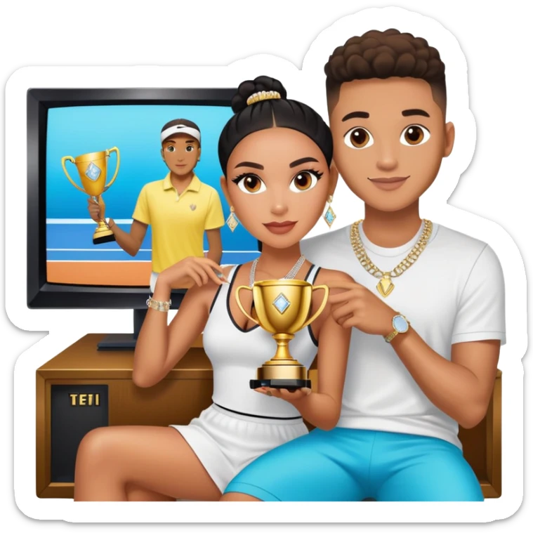 Breaking news Internet celebrity Josh King Madrid jetset wearing shiny diamond earrings and sparkly iced out diamond tennis necklace chains with Instagram model girl tefi valenzuela sitting with him holding gold internet celebrity trophy on tv show in Miami sticker