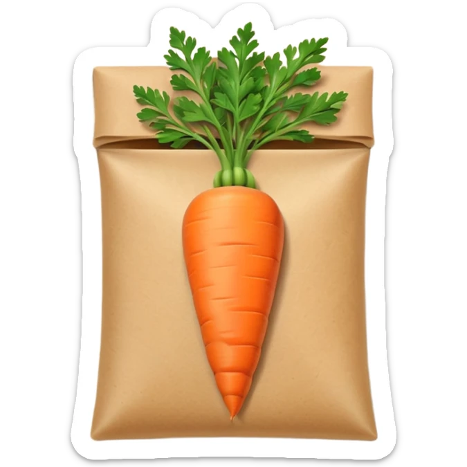 emoji-style carrot seed packet, small pouch, orange carrot illustration, green leaves, minimal design, clean lines, soft shading, light brown paper texture, cartoonish, mobile emoji sticker