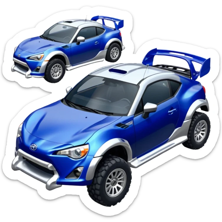 Rally race car Widened roof Long wheelbase widened pearly midnight snow dark blue 2nd generation 2025 Toyota 86 off-road racer chrome nerf bars,side steps mounted under-door-sill climbing rock sliders, and silver satin wheels  sticker