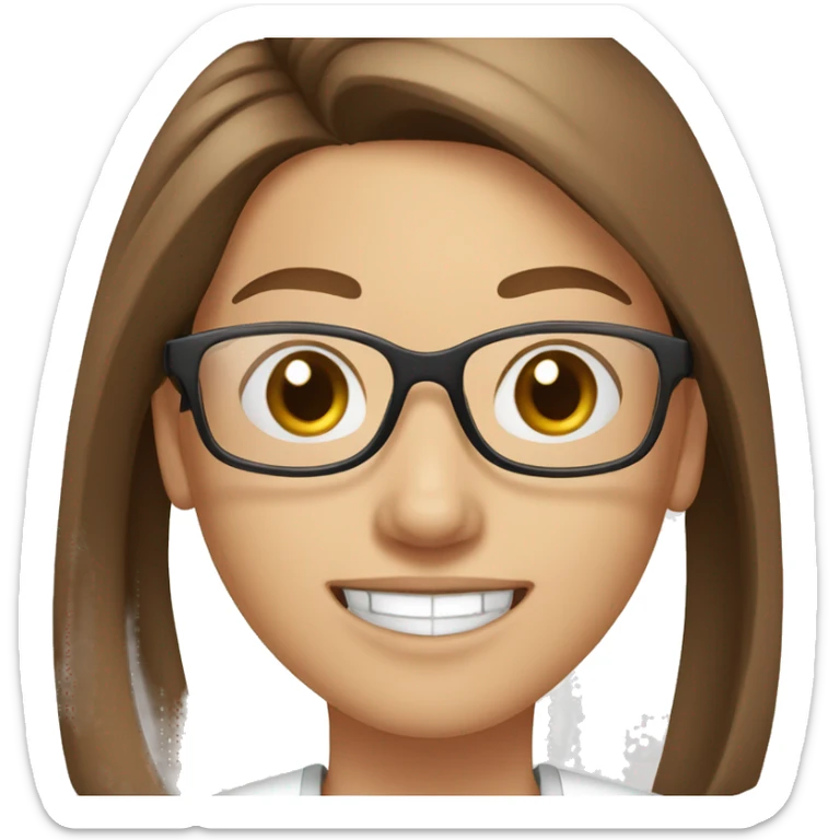 Pharmacist white skin, long straight pony tail brown hair, clear thi glasses and a big smile, female sticker