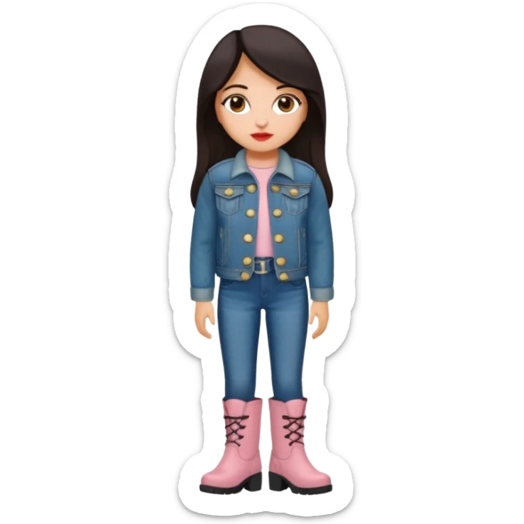 Gordita, ojos pequeños de color cafe oscuro, labios pequeños y rosados, piel trigueña, orejas pequeñas, cabello largo lazio y negro, pequeña. cuerpo completo. vestida con saco jean y botas sticker