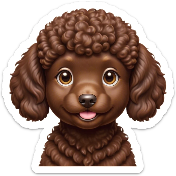 Cinematic Cute Chocolate Poodle Portrait Emoji, Head tilted playfully and inquisitively, showcasing a bouncy, curly chocolate Fur with a healthy sheen, round, sparkling brown eyes filled with curiosity, Simplified yet irresistibly adorable features, highly detailed, glowing with a warm, friendly glow, high shine, affectionate and lively, stylized with a touch of whimsy, bright and endearing, soft glowing outline, capturing the essence of a mischievous yet loving companion, so playful it feels like it could bounce out of the screen and into your arms! sticker