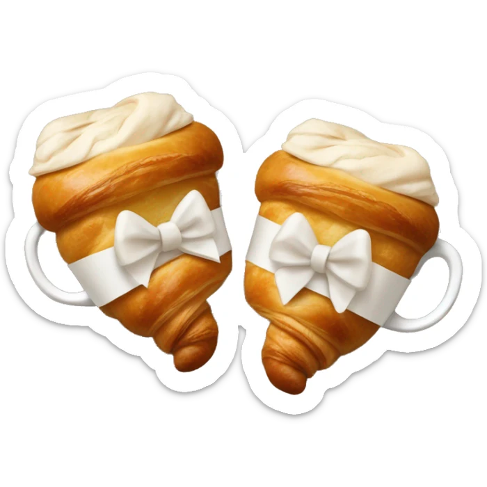two croissants tied with a white bow, which lie on a cup of coffee from Starbucks sticker