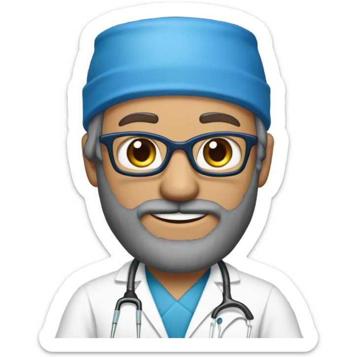 male blond doctor in scrub cap with grey van dyke beard with hazel eyes and small wire-rimmed glasses in blue scrubs holding a large paintbrush sticker