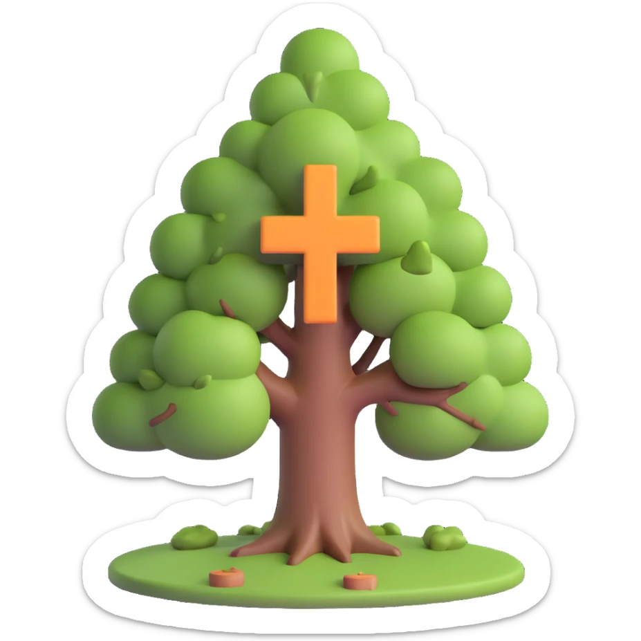 3D illustration of a full color tree with a small red plus sign in the middle, signifying health or hospital sticker