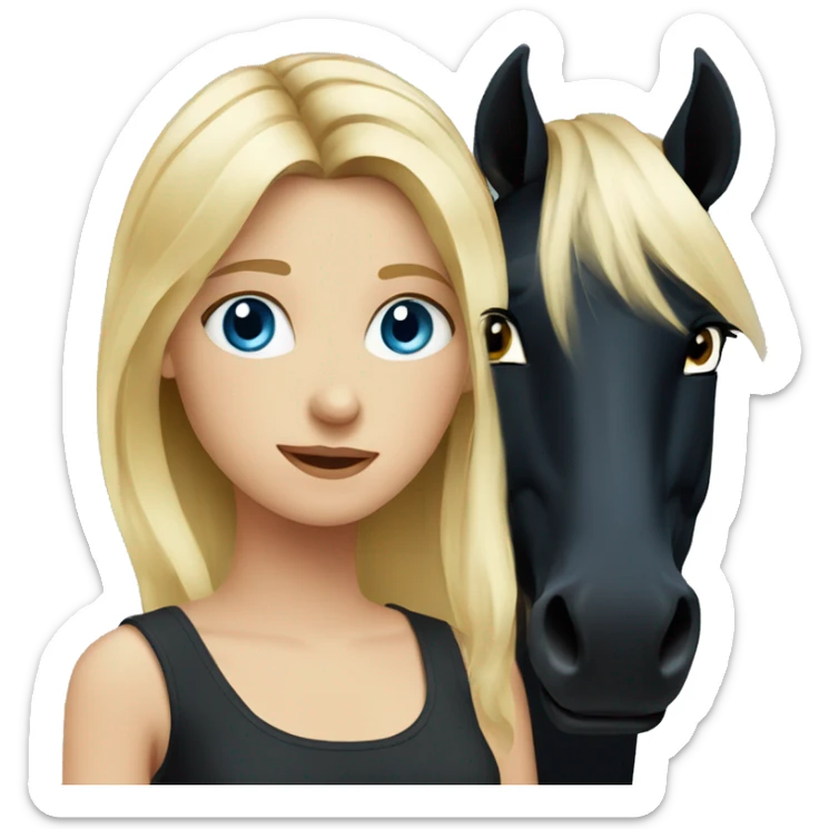 blonde girl with blue eyes and her black horse with black mane sticker