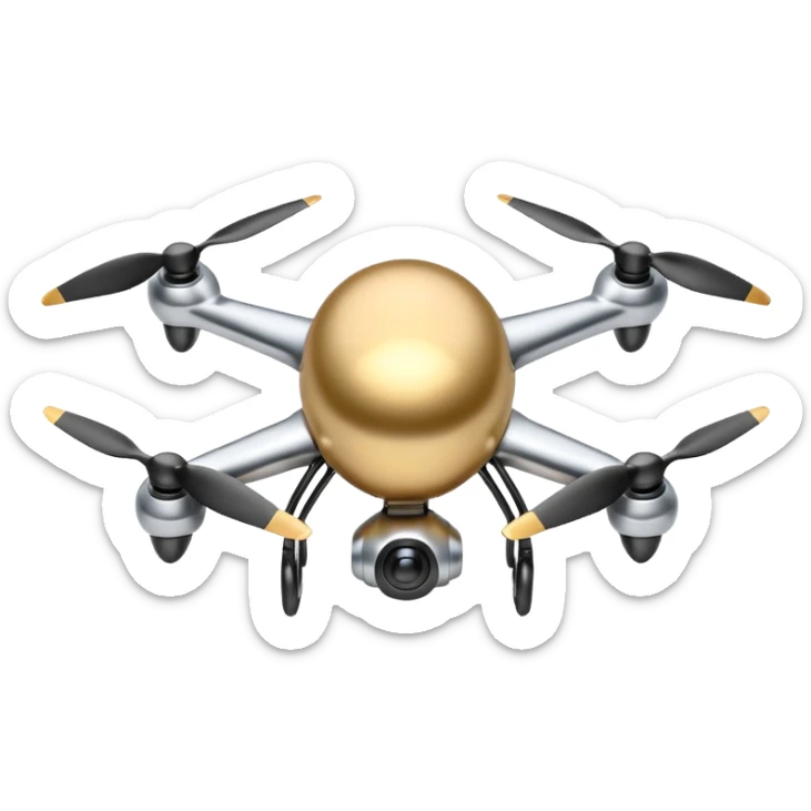 A futuristic drone emoji made of polished silver chrome, smooth rounded body, minimal propellers, reflective metallic surface, soft studio lighting, iOS emoji style, centered, clean white background sticker