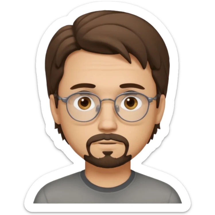 male Slim, slightly oval face, light skin.
Medium-length brown wavy hair, slightly messy.
Brown eyes, round eyeglasses.
Soft, calm expression.
add goathe and add hair to his forhead sticker