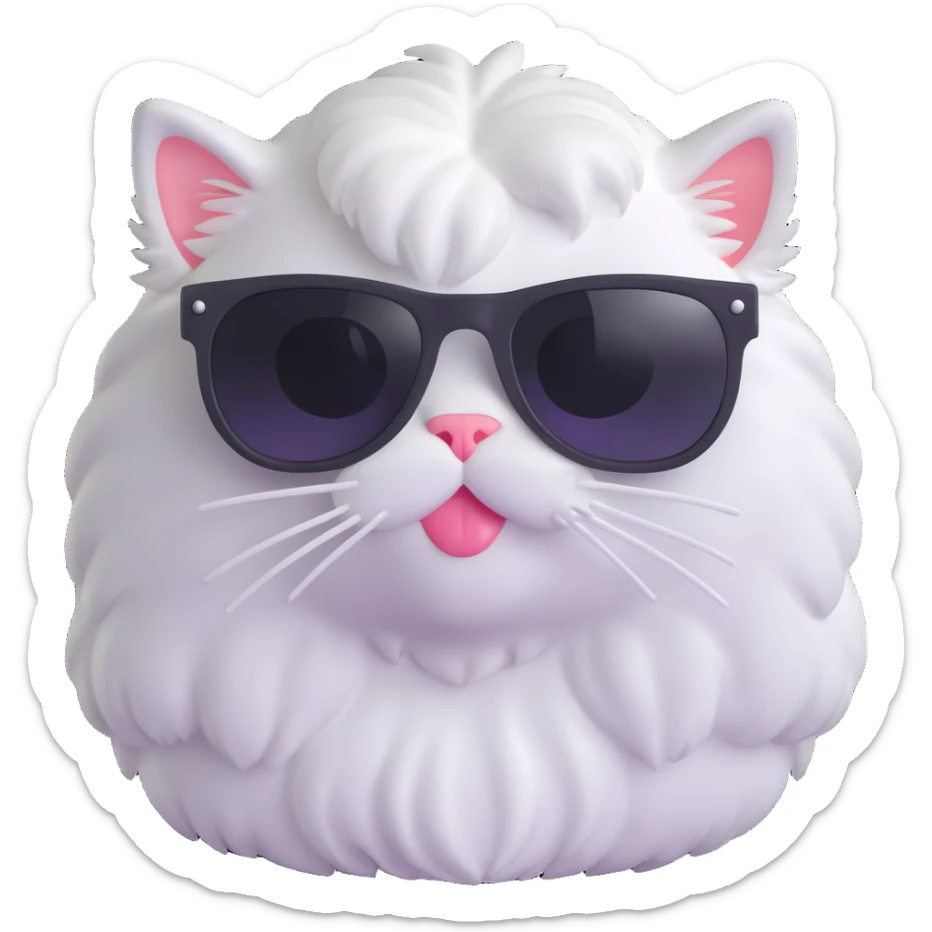 white fluffy cat face with long hair and black sunglasses, 3D emoji style sticker