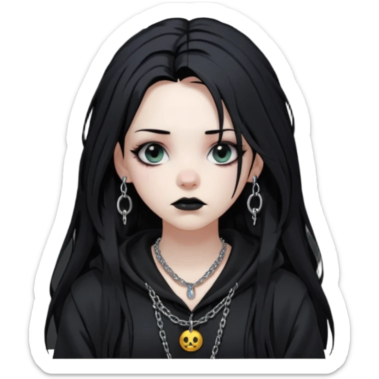 Female Goth with Beanie
 Messy long hair, white skin, oversized black hoodie, chain accessories. sticker