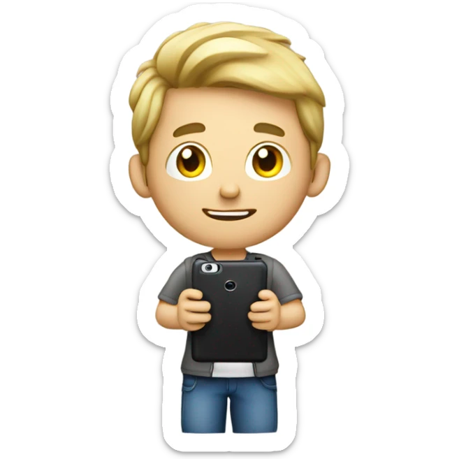 European boy takes pictures with his cell phone sticker