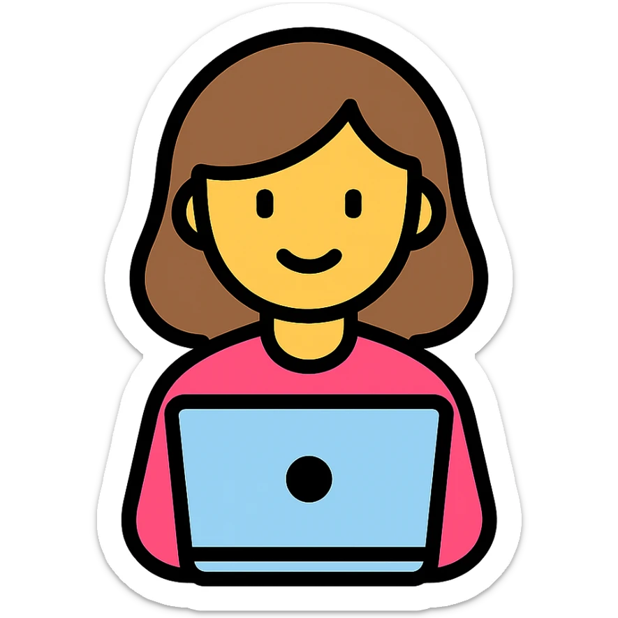 white girl with brown hair using a laptop, flat icon style, lineal color icon with black outlines sticker