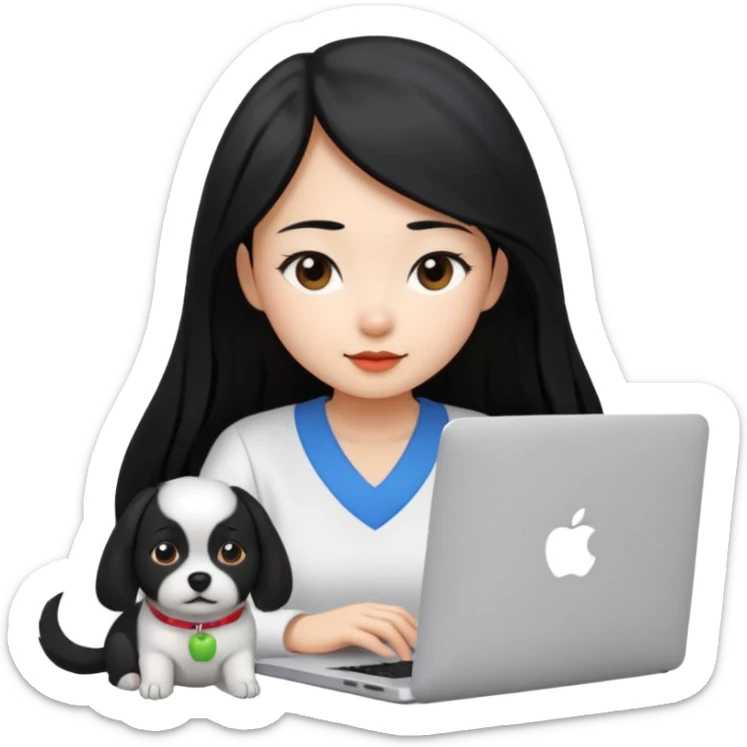Blue back ground, Asian girl with long black hair , wearing a white shirt, working on an Apple laptop, next to her is a small black and white dog sticker