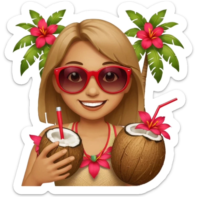 coconut drink with red flowers and summer vibe, with sunglasses and smiling sticker