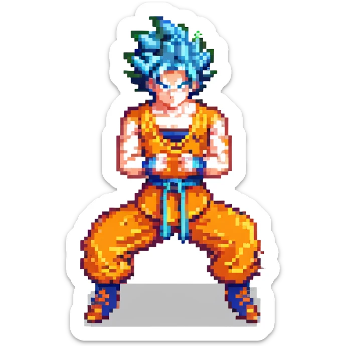 Goku as a pixel art character, spiky hair, orange outfit, fighting stance sticker
