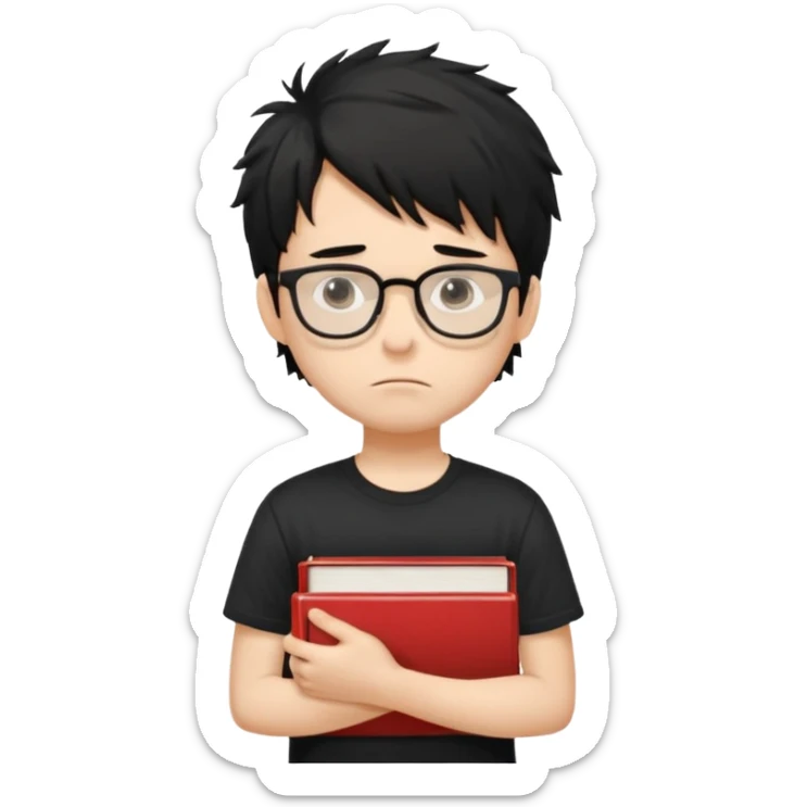 generate a pretty bratz fair skinned boy with black messy hair wearing a black tshirt looking bored n tired. Glasses on. holding books sticker