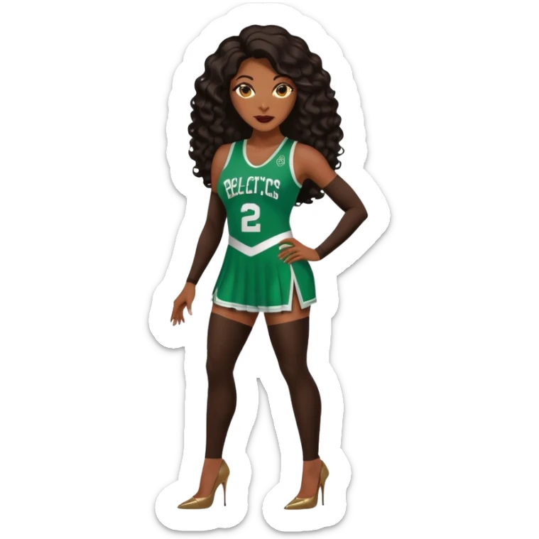 A 47-year-old dark chocolate ebony black woman with brown eyes, long body wave black brown baylaige hair dressed in sexy 
celtics jersey costume outfit and stilettos  sticker