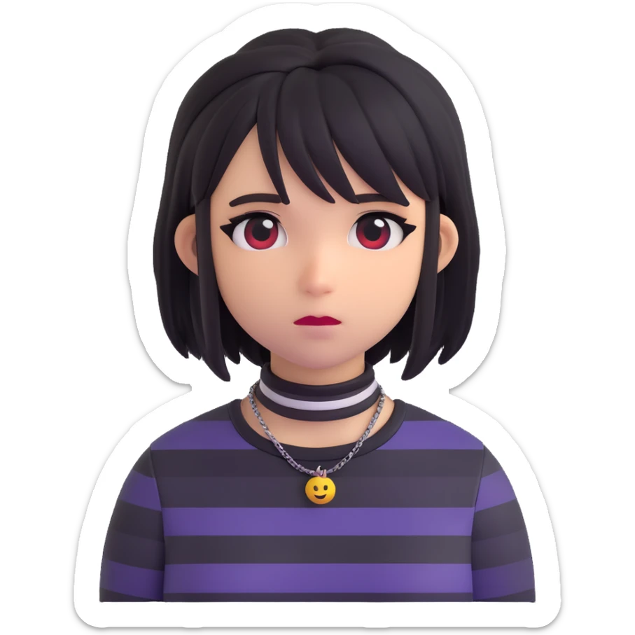 emo girl, striped shirt, layered hair, choker necklace, melancholic expression, modern emoji style sticker