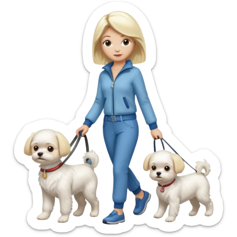blonde woman wearing pants, walking a small maltese dog. sticker