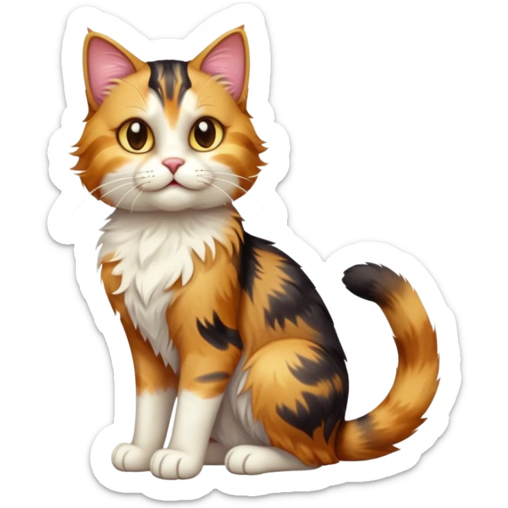 cinematic-[calico tabby cat]-realistic-full-body-sitting-emoji,-tail-curled-playfully-around-its-paws,-head-tilted-dramatically,-scruffy-[calico]-fur,-simplified-yet-realistic-adorable-features,-highly-detailed,-glowing-with-an-almost-sarcastic-glow sticker