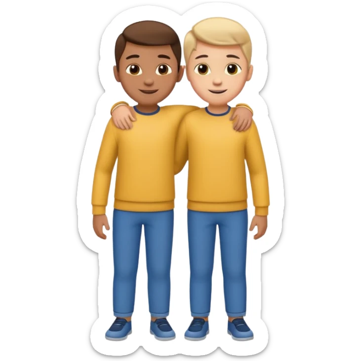 Two cartoon-style two  boy with similar features, arms around each other's shoulders, smiling, matching outfits, standing close, white background, emoji style sticker