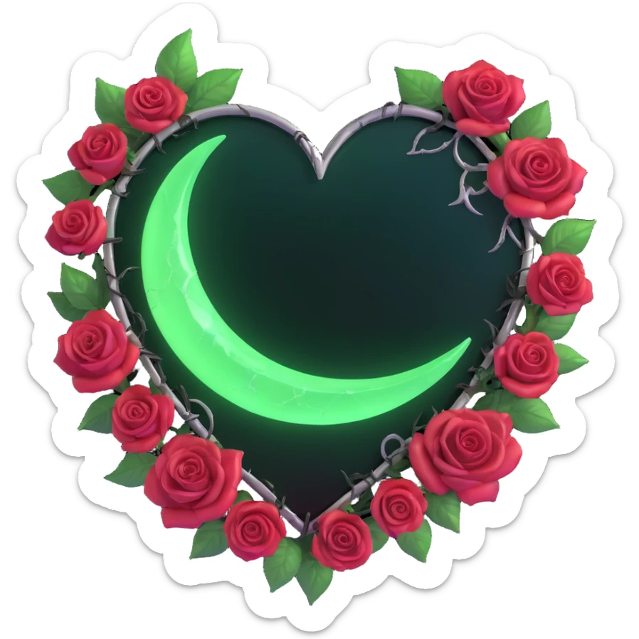 gothic heart made of obsidian glass, silver crescent moon, glowing crimson roses, holographic stardust, neon green lightning, wet and cracked glass sticker