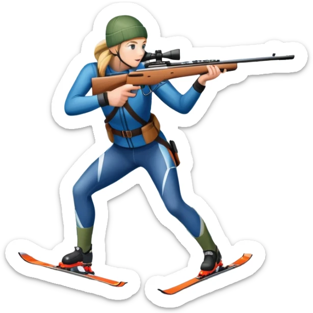An icon showing a snowy landscape with pine trees, mountains, and a clear sky with a biathlete aiming a rifle in the foreground, wearing winter gear and skis. Transparent background emphasizes the precision, endurance, and beauty of this winter sport. sticker
