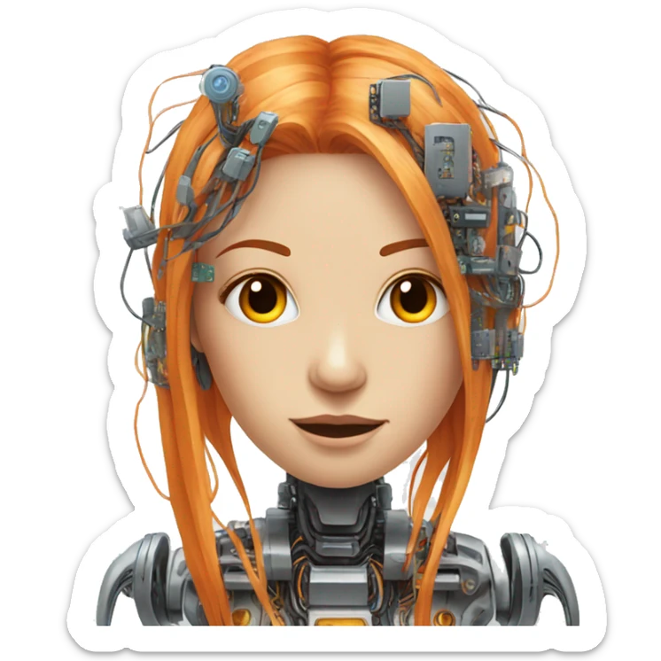Head of female robot with long orange hair and circuits sticker