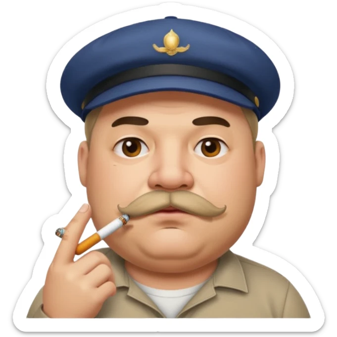 a fat father with a cap and tattoos, a cigarette in his mouth, and a mustache. sticker