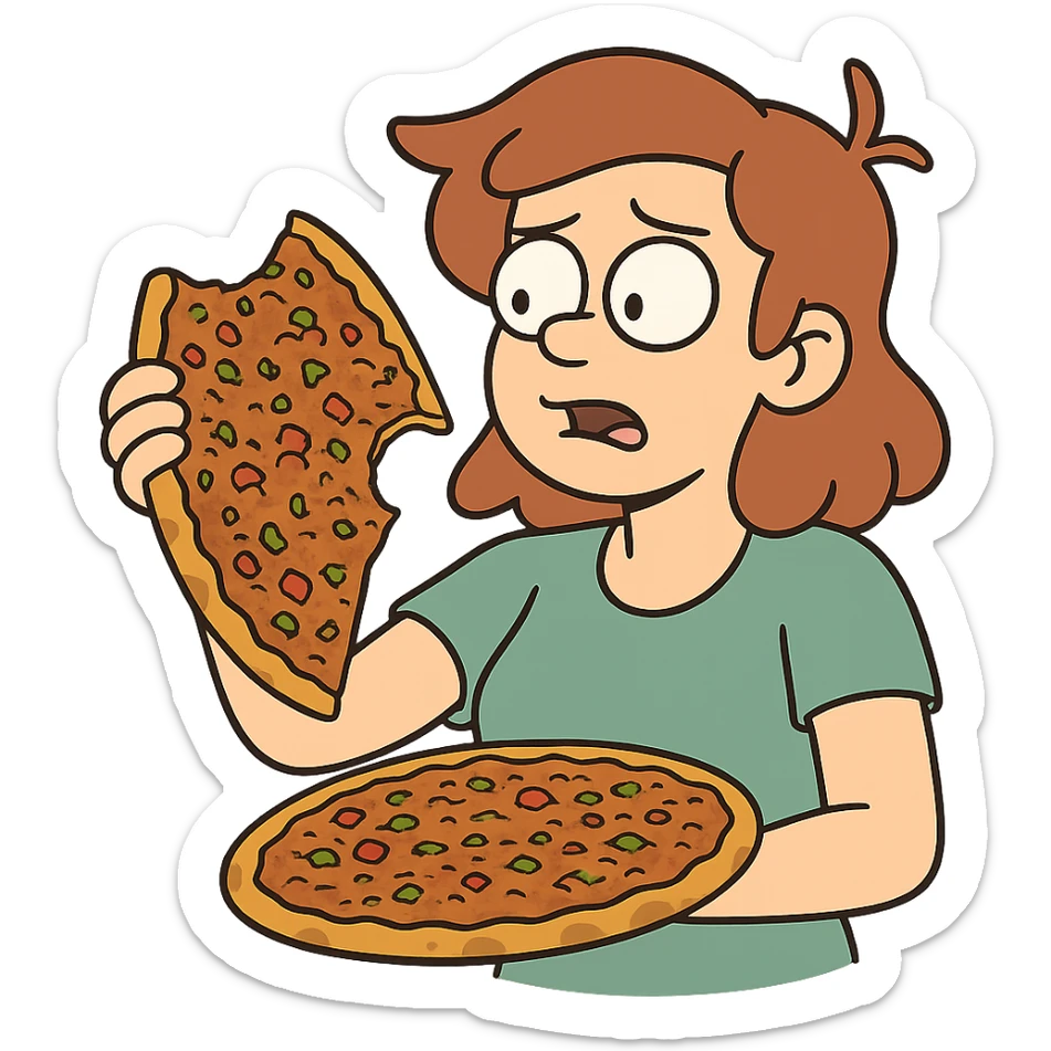 cartoon-style lahmacun with a slice missing, showing the toppings and crispy edge sticker
