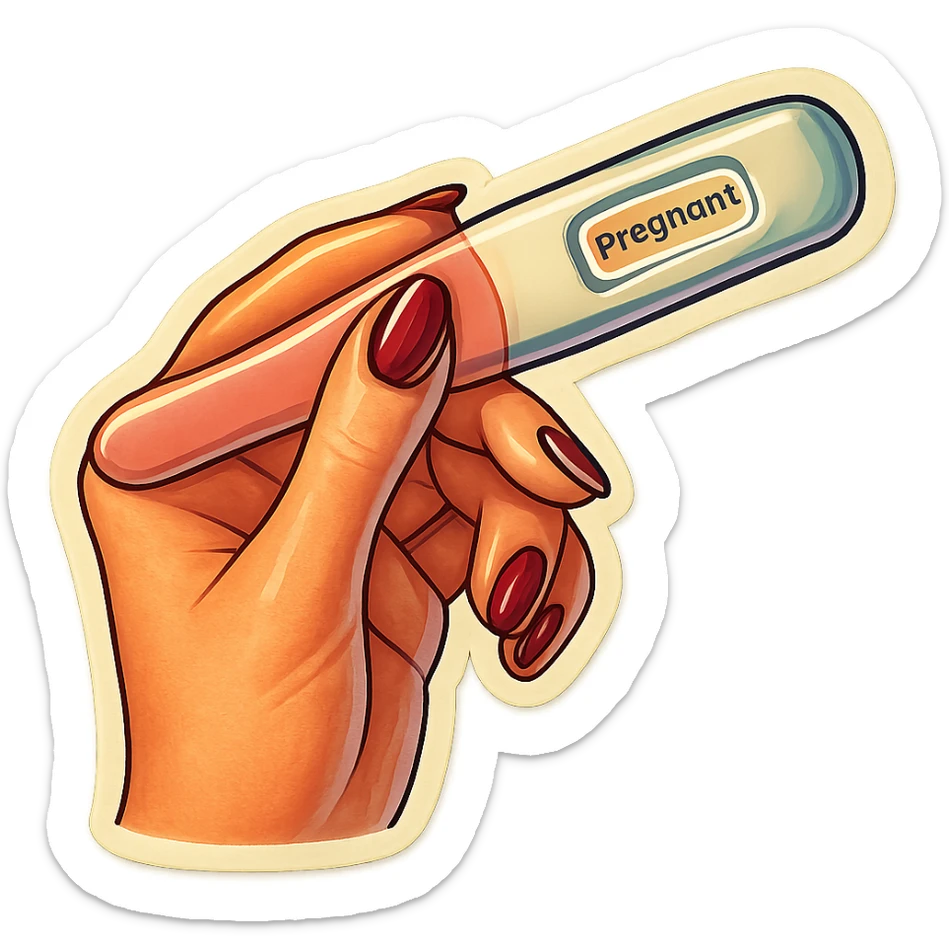 A positive pregnancy test held in a neat feminine hand with manicure, in retro stickers style, featuring soft rounded shapes, expressive contours, vintage color palette, light paper texture, shadows and highlights, transparent background. sticker
