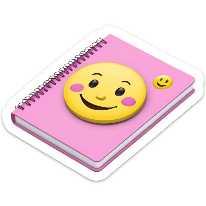 libreta de anillos rosada en perspectiva isometrica con sticker de carita feliz amarilla sticker