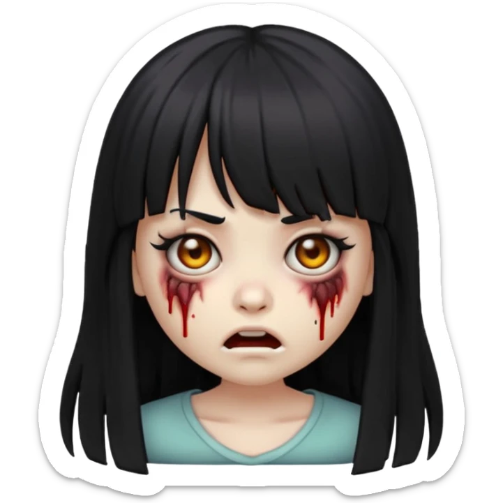 scary expression zombie girl emoji with black eyes, long black hair and bangs sticker