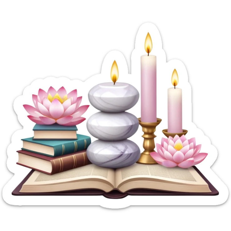 Aesthetic candles, flower petals, books, marble stand, crystal stones, lotus, feathers, zen, decoration, meditation,  sticker