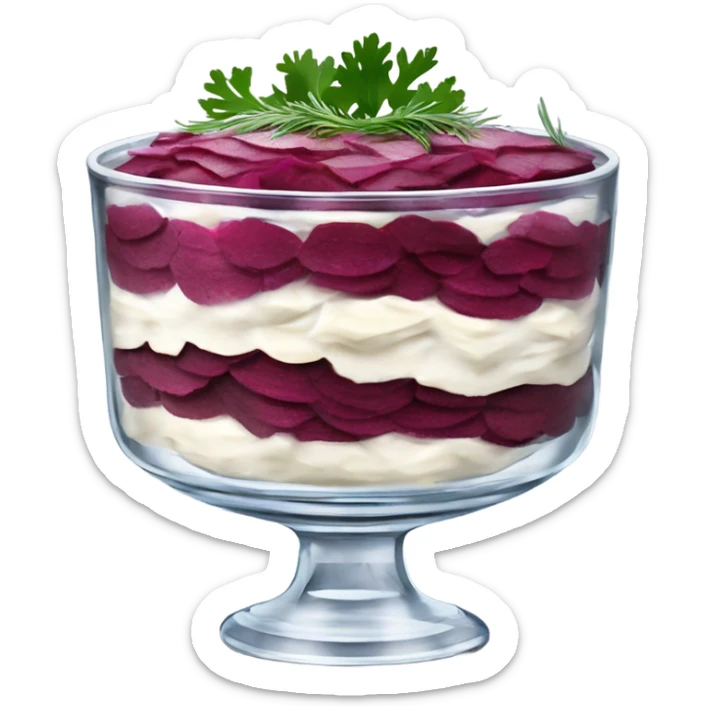 Shuba russian Layered Beet dish  with Herring and mayonnaise in Crystal bowl, dill on top  sticker