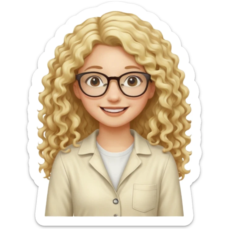 cewe kalem pake kacamata kulit putih rambut blonde Long Layered curly  baju  kodok warna cream tersenyum sticker