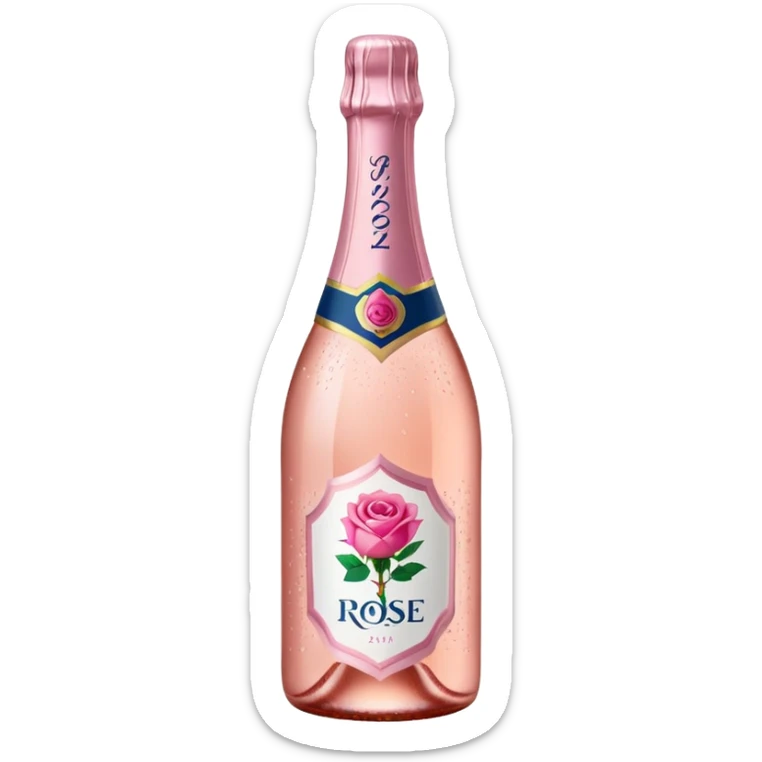 bottle of sparkling rosé with a rose logo on the label, angled to the left, no glass sticker