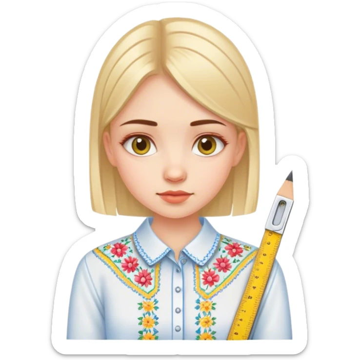 A Ukrainian girl in an embroidered shirt holds a ruler sticker