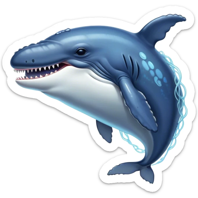 Meme-Worthy Singing Humpback Whale Portrait Emoji, Mouth open wide in a dramatic, melodious pose, showcasing a deep blue-gray body with barnacle accents and an expressive, soulful gaze, Simplified yet artistically graceful features, highly detailed, glowing with a soft, magical marine aura, high shine, enchanting and full of life, stylized with an air of deep-sea wonder, soft glowing outline, capturing the essence of a majestic humpback whale mid-song, resonating with the beauty of the ocean's ancient melodies! sticker