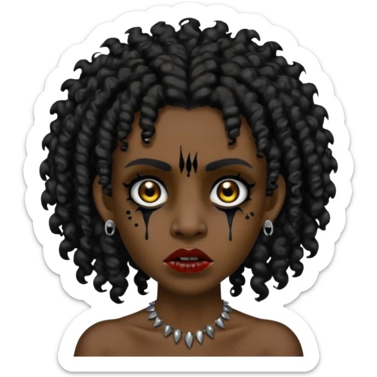 Zumbi with black and curly hair, studded earrings on both ears, black eye sticker