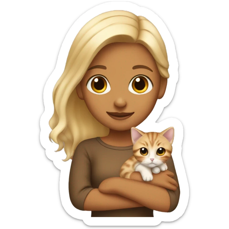 tan girl with blonde hair holding a tortoiseshell kitten  sticker