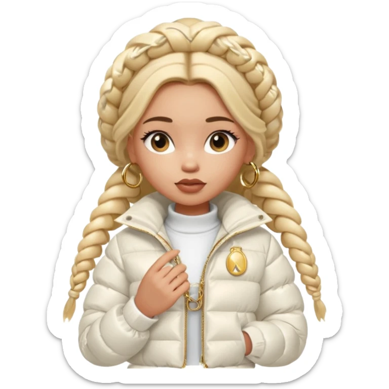 generate a pretty bratz girl with a WHITE puffer jacket, hoops, long braided hair sticker