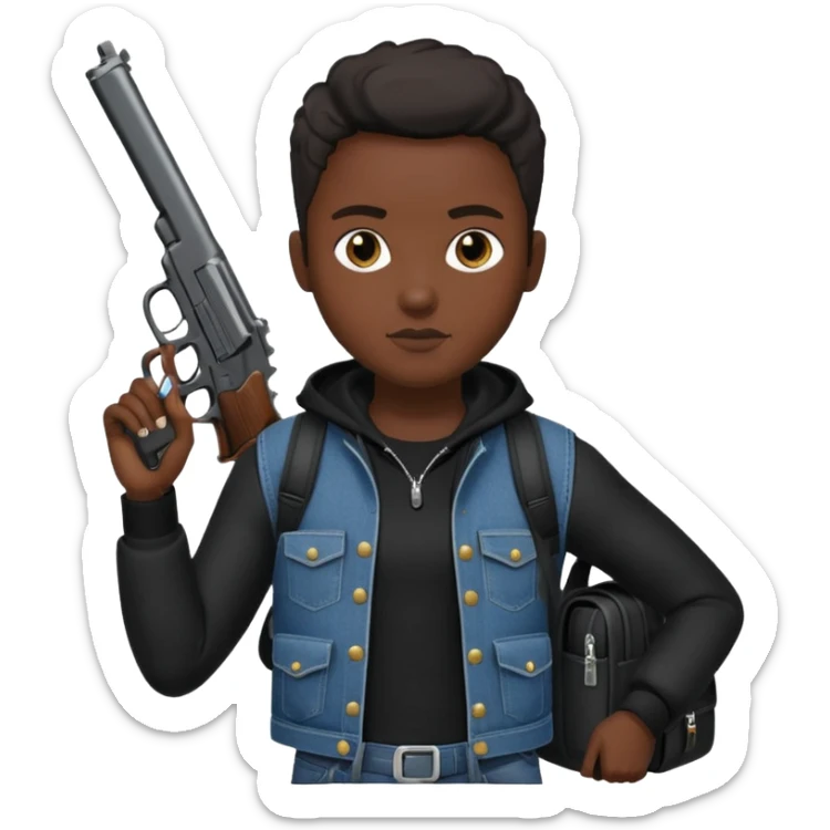 YN wearing all black, designer bookbag, holding a pistol with extended mag, designer jeans sticker