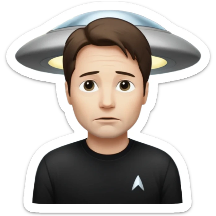 Mulder from the x-files looking very very worried (not trusting anyone today) while wearing a dark t-shirt. A beam of light from a UFO illuminates him sticker