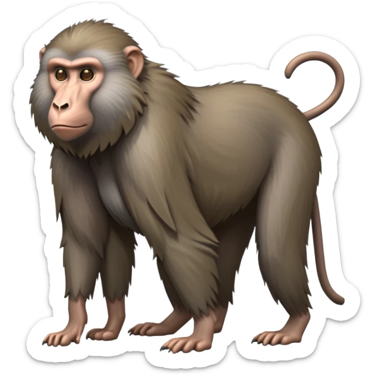 cinematic-hairy baboon-full-body-standing on all fours-emoji,-head-tilted-dramatically,-thick-grey-and-brown-fur,-simplified-yet-realistic-focused-features,-highly-detailed,-glowing-with-an-almost-sarcastic-glow sticker