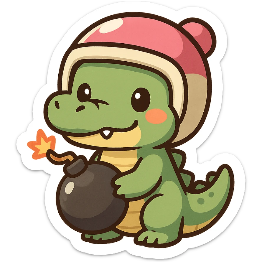 A crocodile wearing a Bomberman-style helmet and holding a cartoon bomb, with a cute and chibi appearance sticker