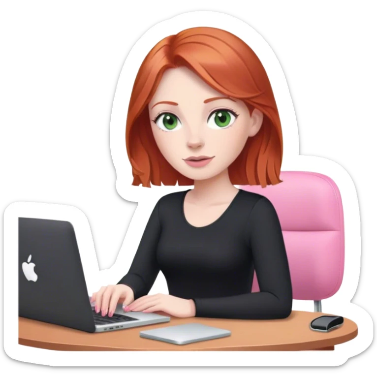 Redhead with green eyes sat at desk with pink MacBook and  podcast microphone black top and pink chair  sticker