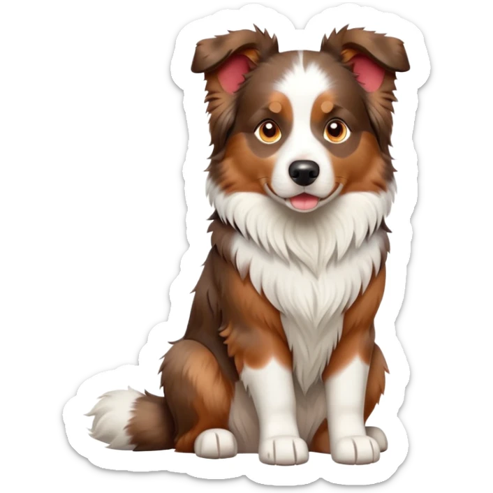 cinematic-[australian shepherd dog]-realistic-full-body-sitting-emoji,-tail-resting-loosely-beside-its-paws,-head-tilted-dramatically,-scruffy-[white and red merle]-fur,-simplified-yet-realistic-focused-features,-highly-detailed,-glowing-with-an-almost-sarcastic-glow sticker