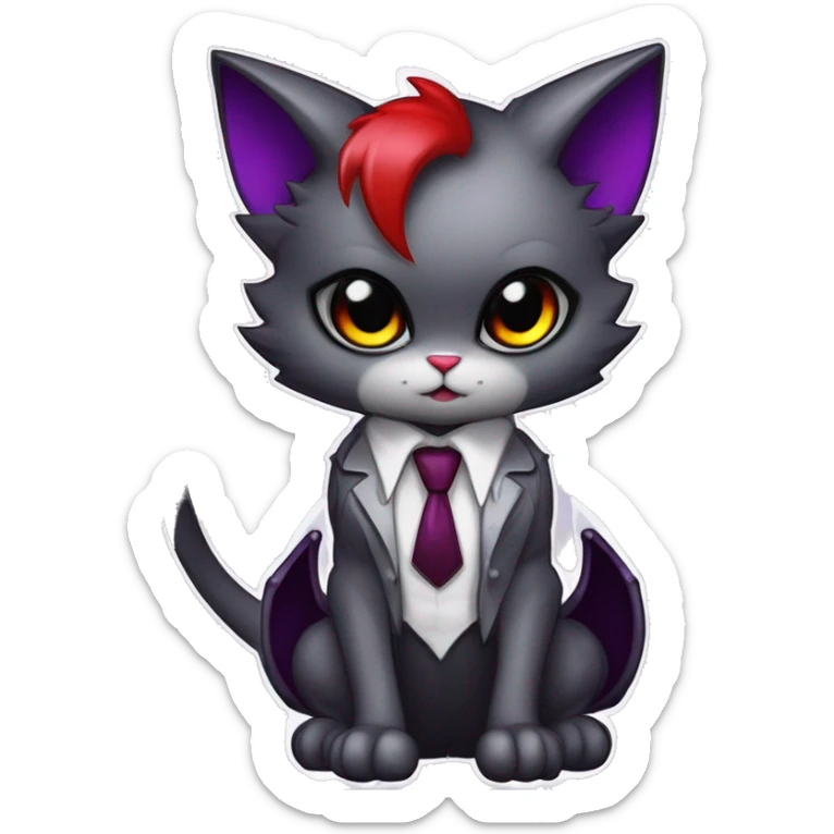 Anthro-Cute-Edgy-Vampiric-Batty-Cat-Black-Purple-Red-Grey-White-Yellow-Contrast-Colors-Fantasy-Fur-Sona-Chibi-Shiny-Fakémon-Hybrid with horns and big fangs, neck tie, leg spats full body sticker